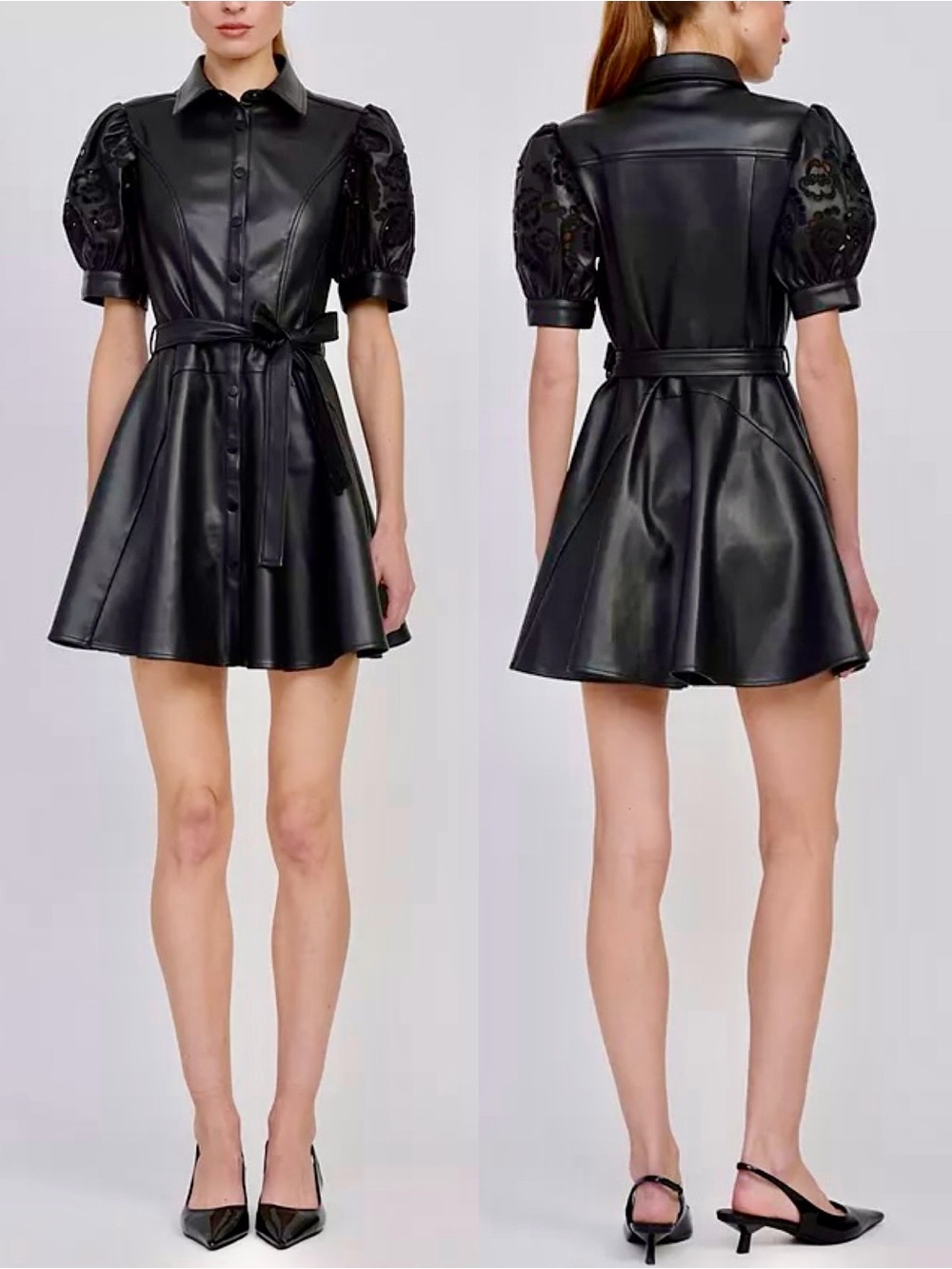 En Saison Women's Nelly Faux Leather Short Sleeve Button Down Mini Shirt Dress